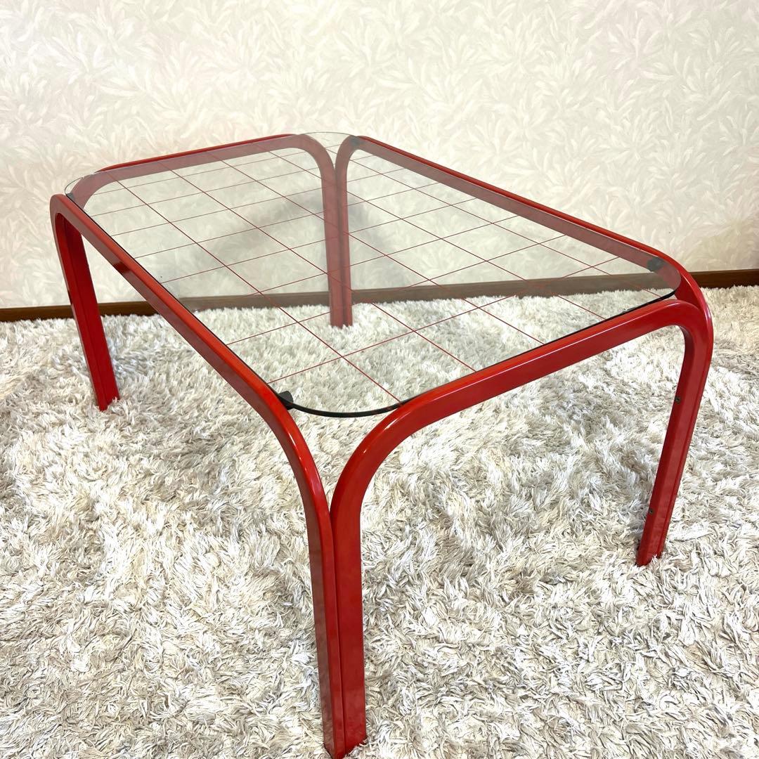 レトロポップ ガラステーブル アイアンテーブル グリッド柄 赤 80s 90s