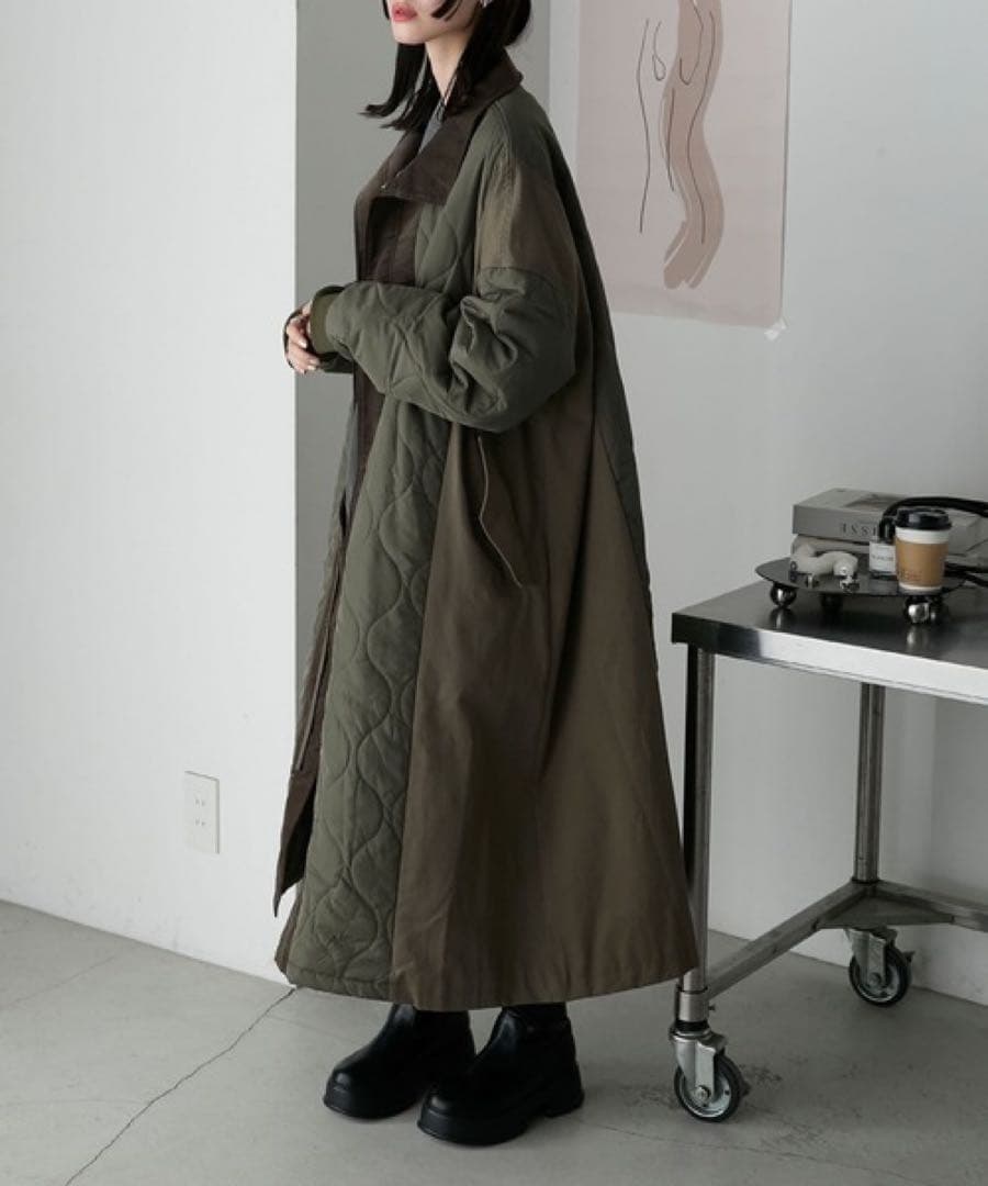 forksy.異素材切り替えキルティングロングコート