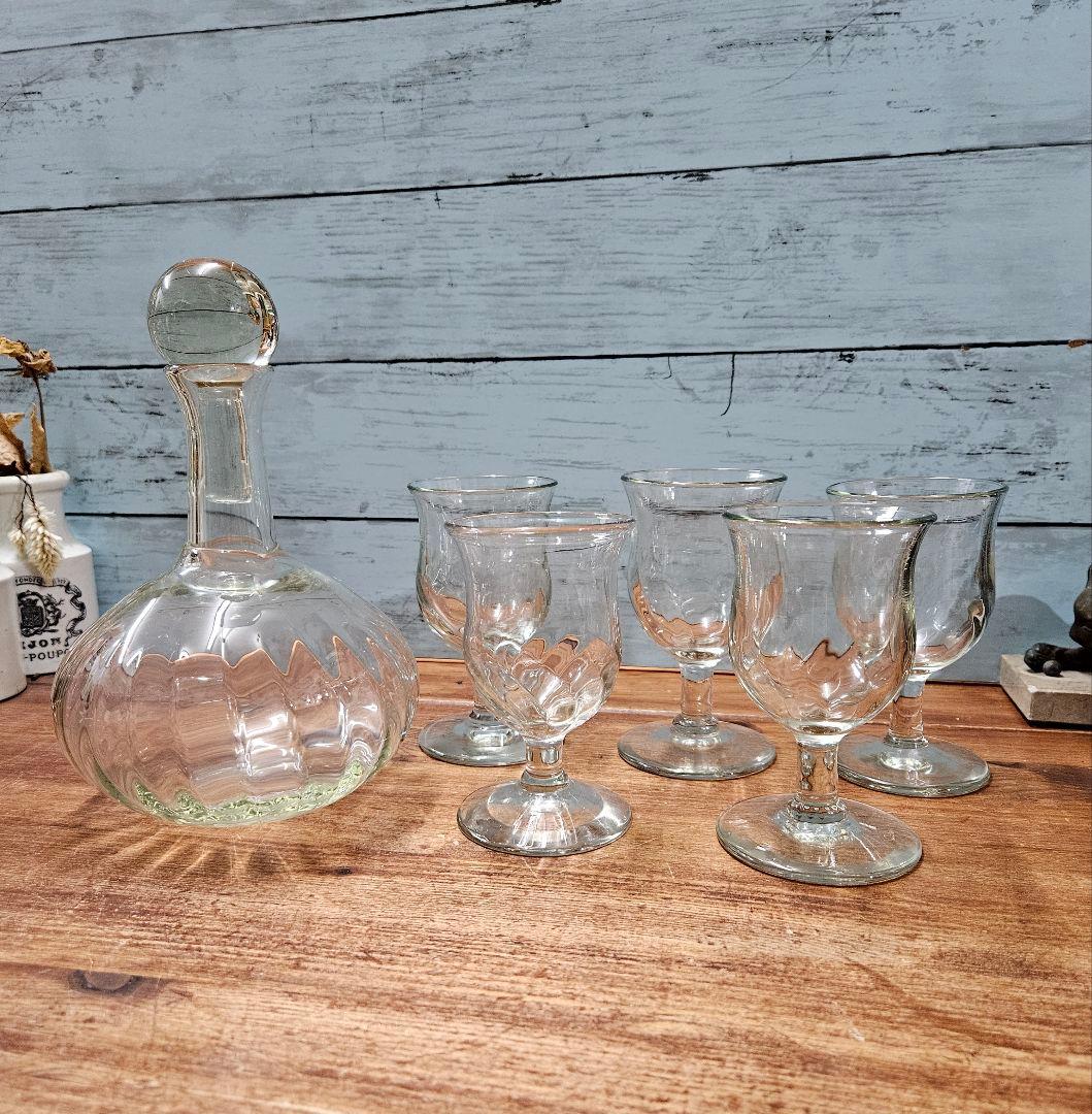 前田一郎 作 足付きグラス 5客 デキャンタ セット レトロ 吹き硝子