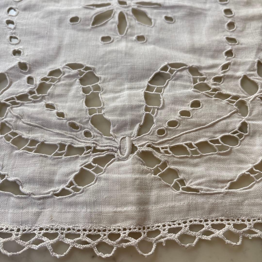 フランス　アンティーク　棚飾り布　レース生地　リネン　手刺繍