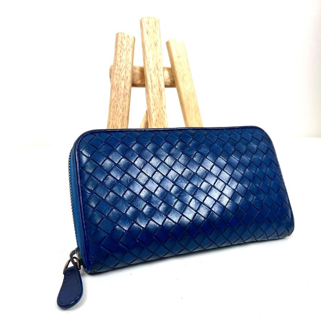 ボッテガヴェネタ　長財布　ラウンドファスナー　イントレチャート　レザー　ブルー