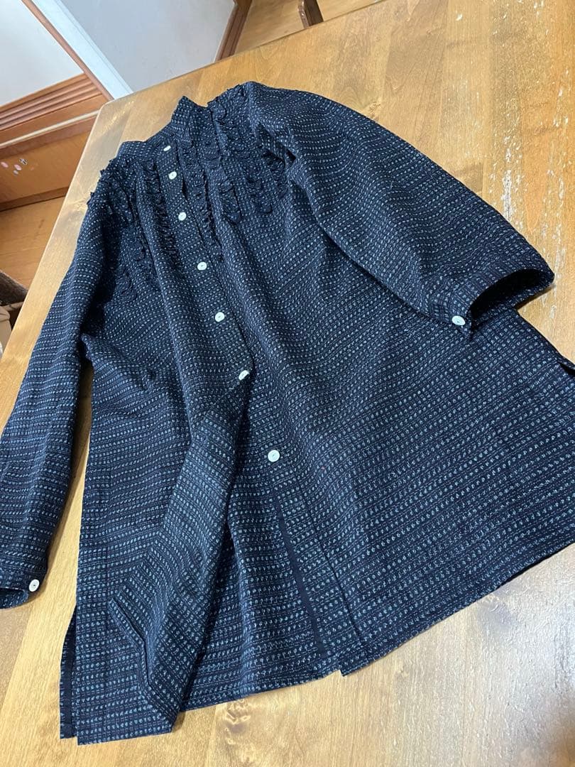 古布リメイク　久留米絣　チュニック　ロングシャツ　フリル　ハンドメイド