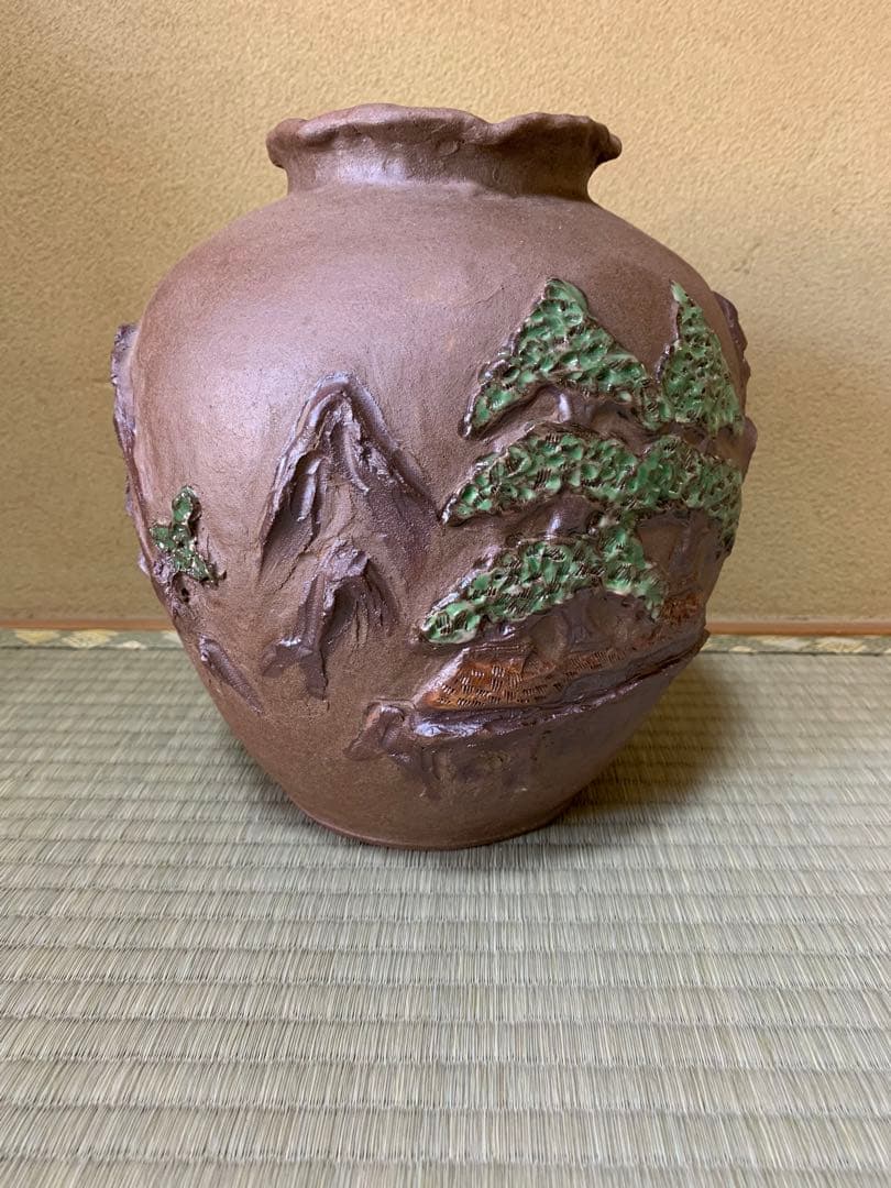 鍋島焼 名工 嘉秀 作 盛上彩釉 柿図 飾壺 陶器 壺 高さ約25㎝