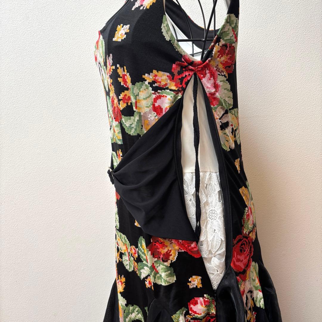 【美品】イチオク 社交ダンス ドレス ワンピース 花柄 ローズ ティアード 黒