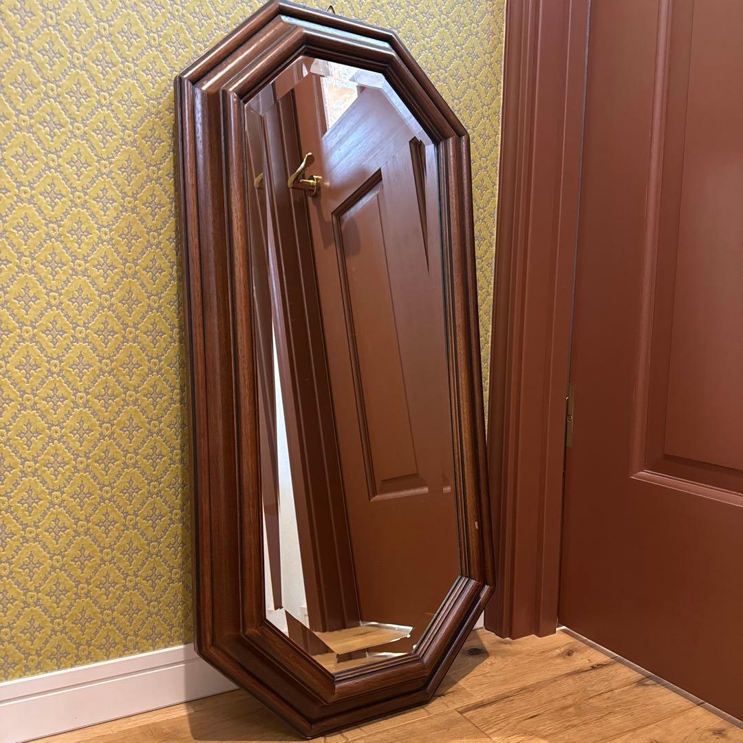 イタリア製 マホガニーフレーム オクタゴンシェイプ 天然木 ウォールミラー