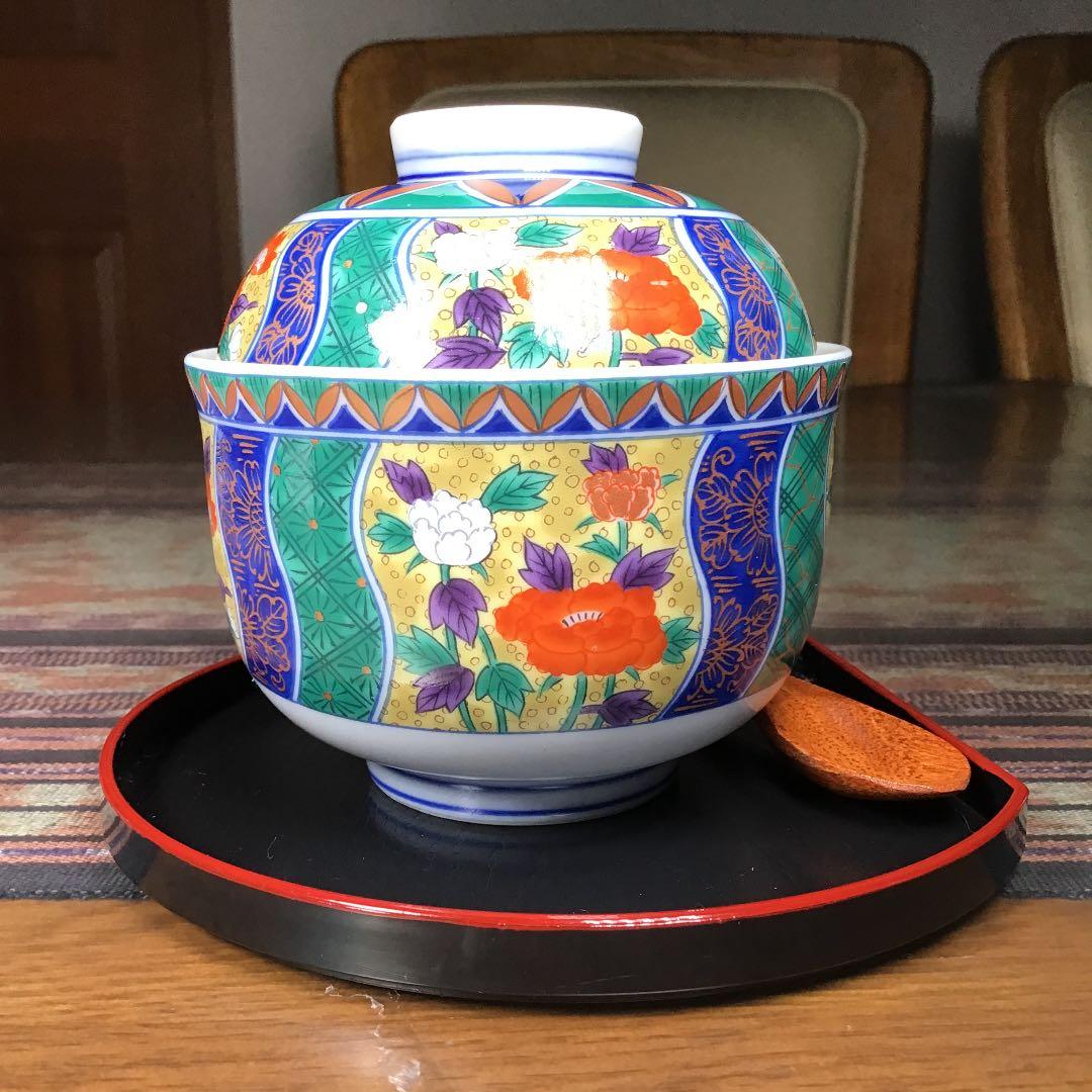 『なんでもうー特価』　有田焼　南山　金彩　茶碗蒸し器　お盆　スプーン　5組