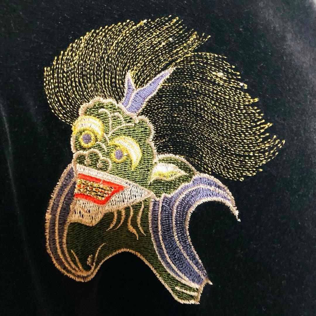 風神雷神 刺繍 ベロア スカジャン Lサイズ 和柄 豪華刺繍 ラグラン 古着
