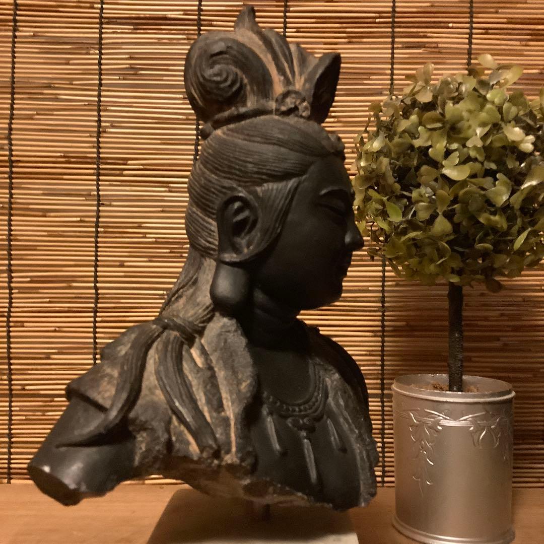 古玩・石像「観音菩薩胸像」仏教美術・観音経・般若心経・功徳・石彫り