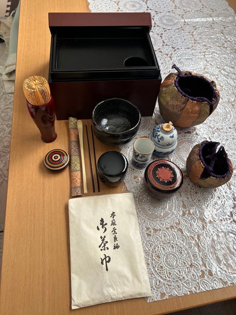 す*か様 茶道具セット 一式 焦茶箱付き 木箱のサイズ 約高さ14㌢幅21㌢奥行
