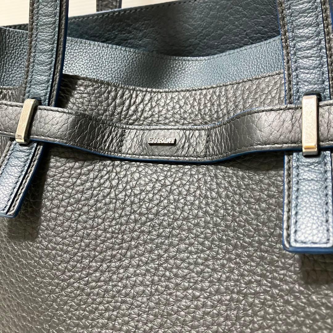 大容量 FURLA ジョーヴェ トート ビジネス バッグ A4 シボ革 黒 青