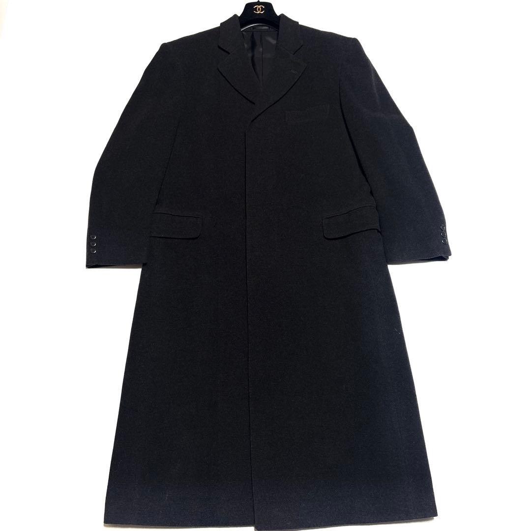 イタリア製生地 カシミヤ混 シングルブレスト ロングコート ダークグレー【XL】