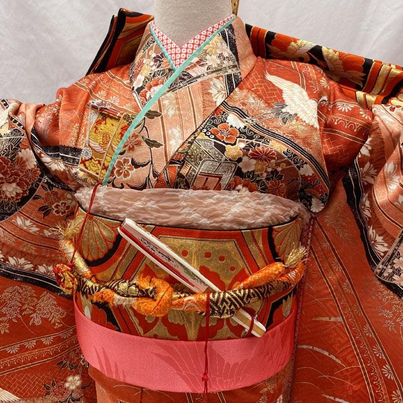 510ag38◎七五三 七歳 女児 着物&袋帯&長襦袢 総柄 金銀彩 鶴扇◎美品