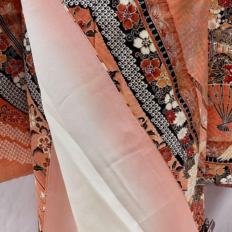 510ag38◎七五三 七歳 女児 着物&袋帯&長襦袢 総柄 金銀彩 鶴扇◎美品