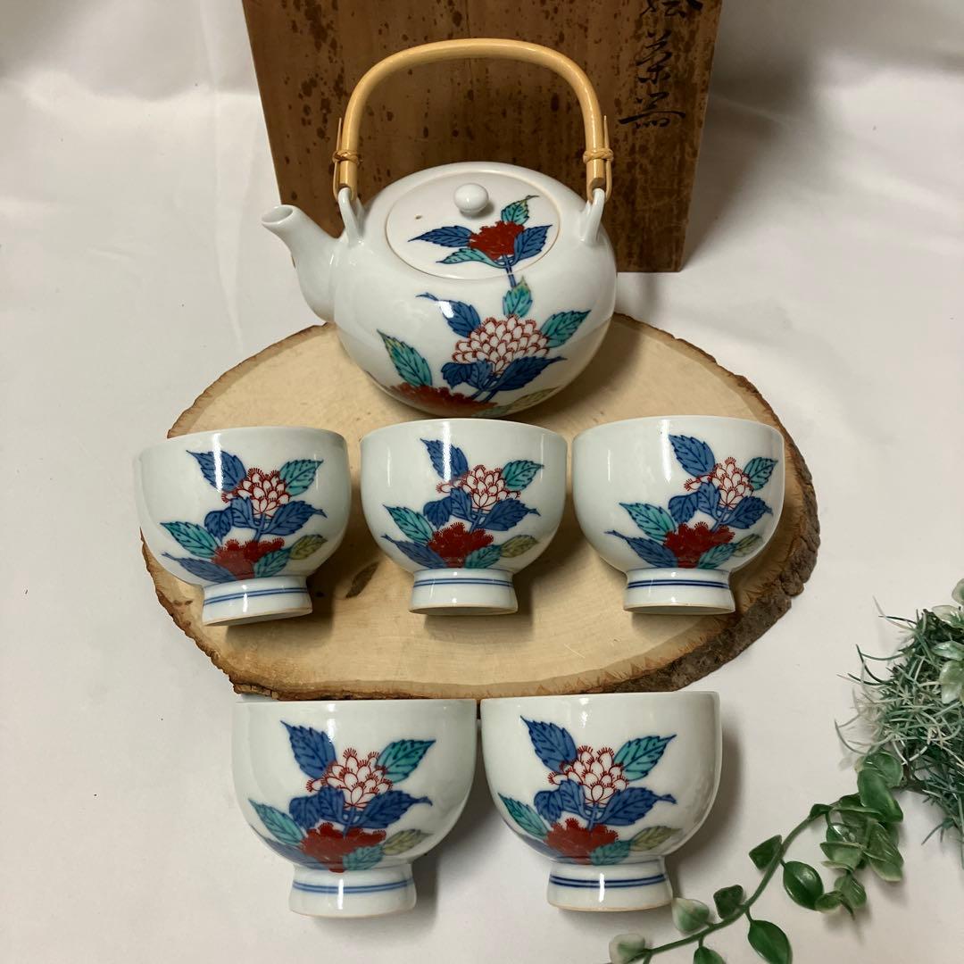 色鍋島焼　人間国宝十二代　今泉今右衛門窯　錦藤袴絵茶器セット急須湯呑5客　有田焼