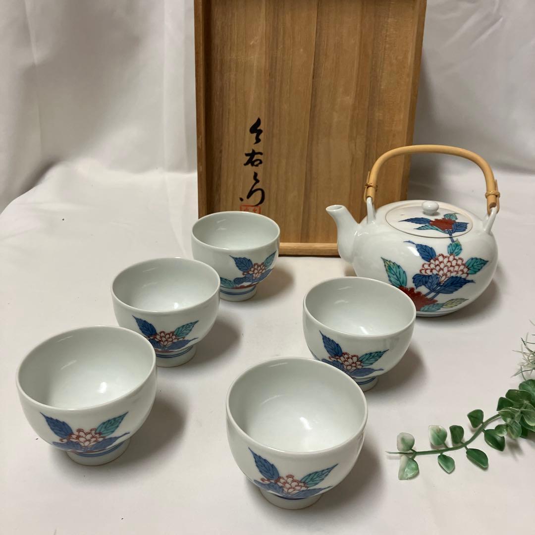 色鍋島焼　人間国宝十二代　今泉今右衛門窯　錦藤袴絵茶器セット急須湯呑5客　有田焼