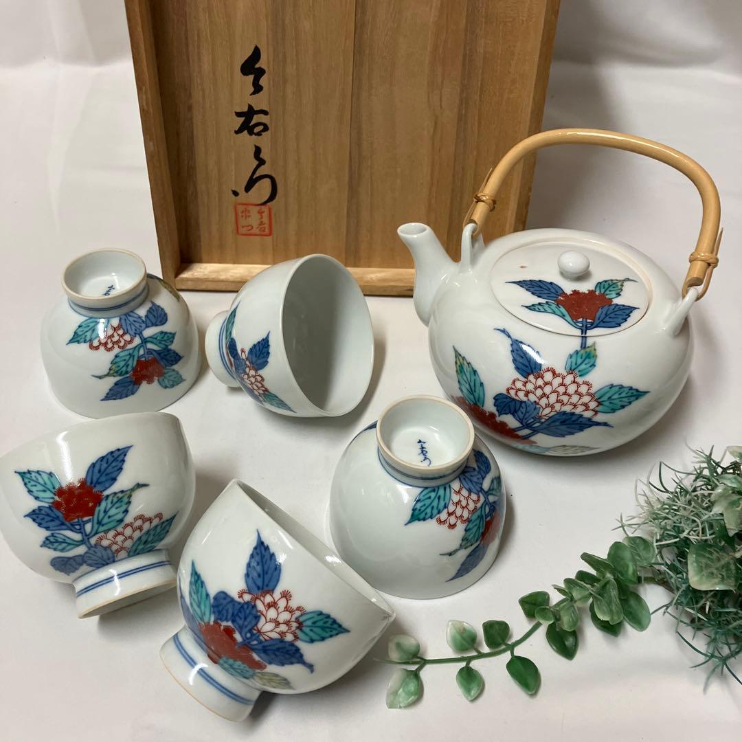色鍋島焼　人間国宝十二代　今泉今右衛門窯　錦藤袴絵茶器セット急須湯呑5客　有田焼