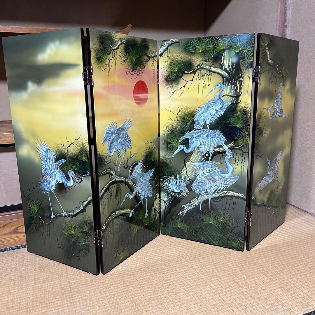 豪華絢爛　螺鈿細工　４連衝立　四曲一隻　屏風　鶴　滝