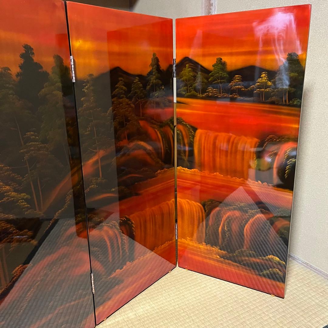 豪華絢爛　螺鈿細工　４連衝立　四曲一隻　屏風　鶴　滝