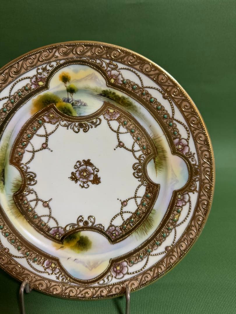 オールドノリタケ ケーキ皿 窓絵風景絵 金盛り ジュール メイプルリーフ