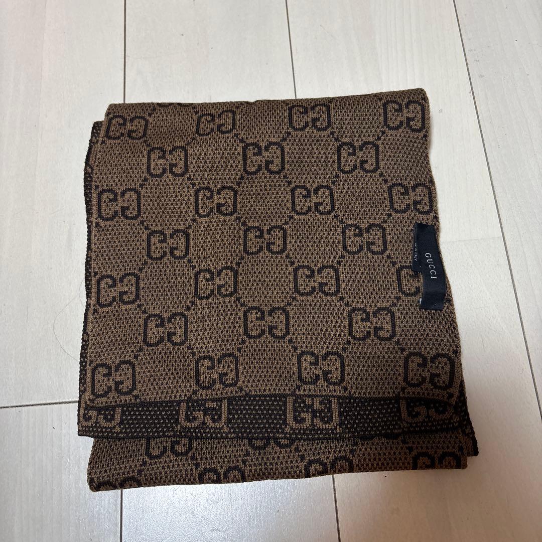 超美品　GUCCI マフラー　ストール　ウール　総柄　ブラウン　リバーシブル