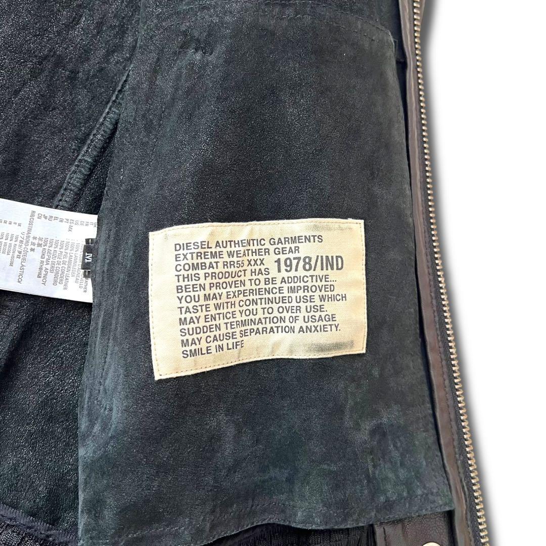 良品 DIESEL ラムレザー ボンバー ジャケット M リブ ダメージ加工