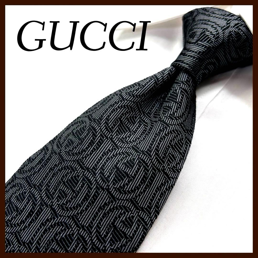 美品 グッチ ネクタイ シルク ロゴ インターロッキングGG GG柄 グレー