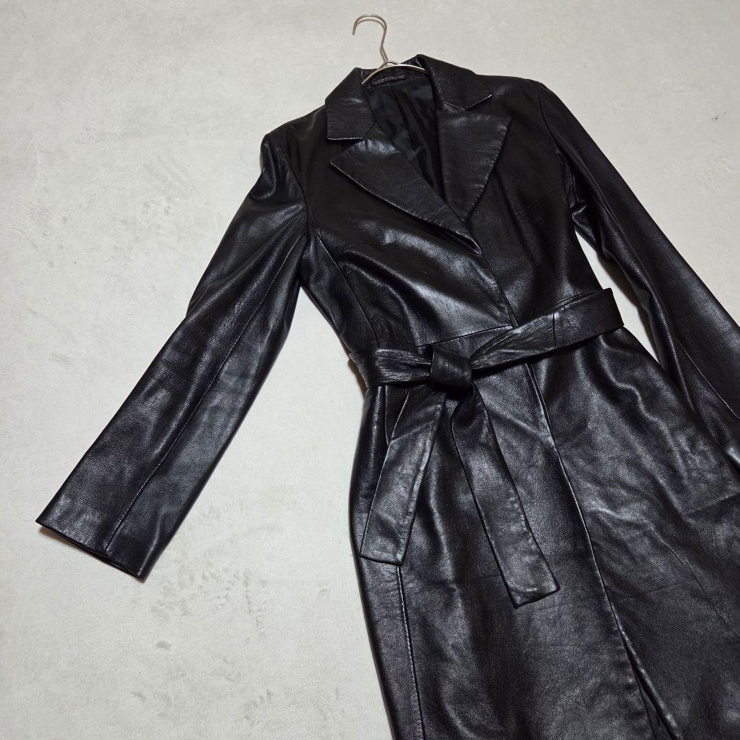 【美品】INED 羊革 ラムレザー ベルト付 Aライン ロングコート 黒 M