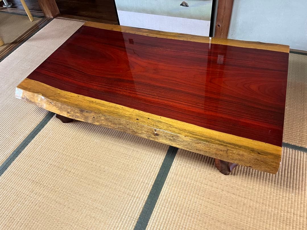 和風座卓 自然木 赤い天板