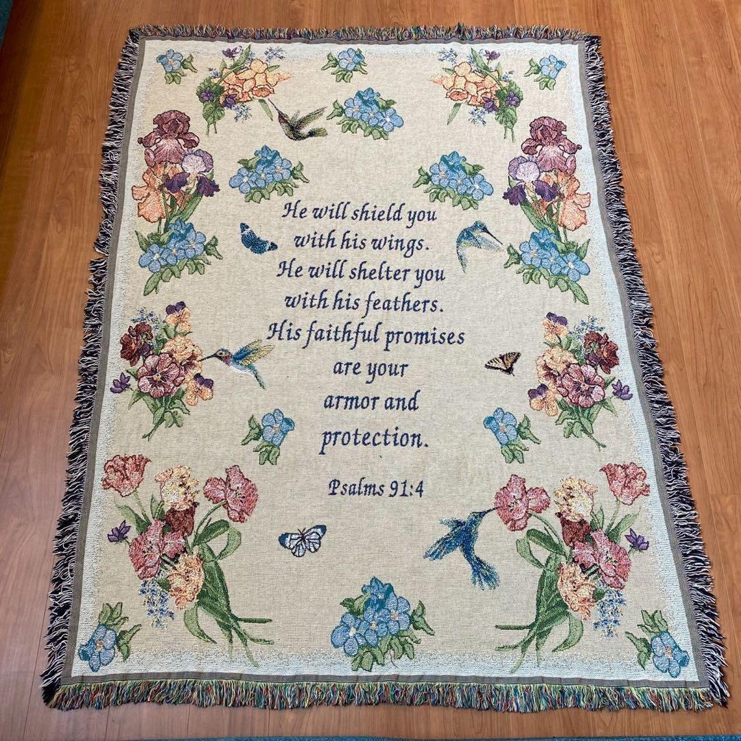 ヴィンテージ　ラグ　ゴブラン調　170×125　聖書　詩篇　タペストリー　カバー