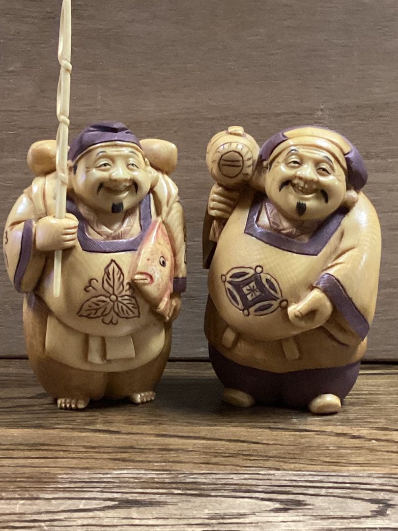 古美術品　極上和彫刻　恵比寿大黒二体　白材彫刻　コレクション