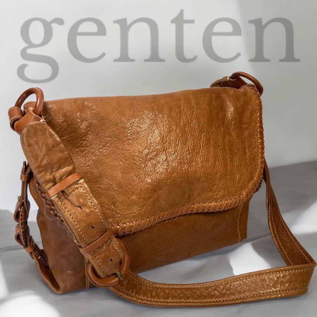 genten　ウールシープ本革　メッセンジャーバッグ　クロスボディ　飴色ブラウン