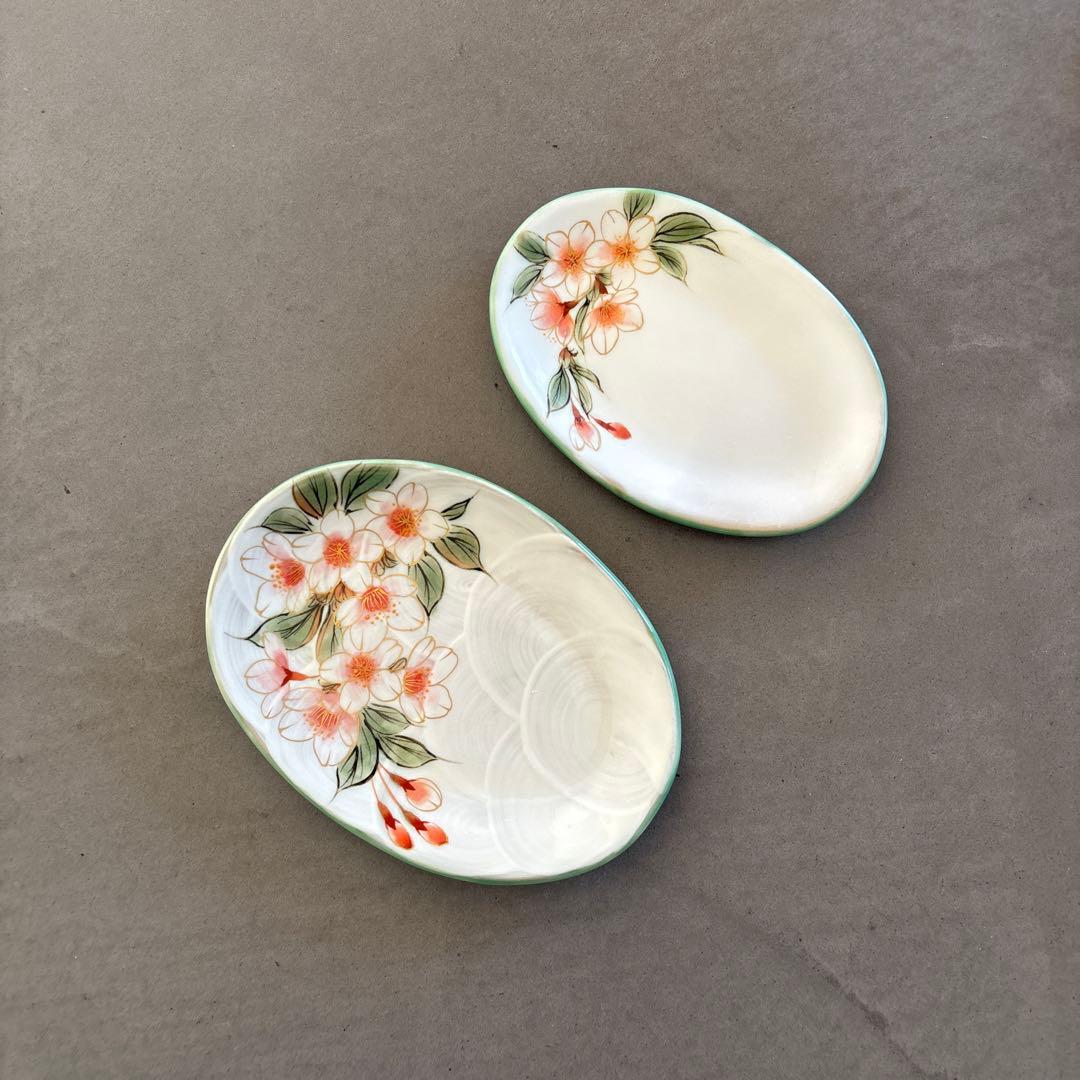 《ほぼ新品》美品【陶葊】京焼　清水焼　白掛彩草花　色絵付け　皿　桜　陶あん