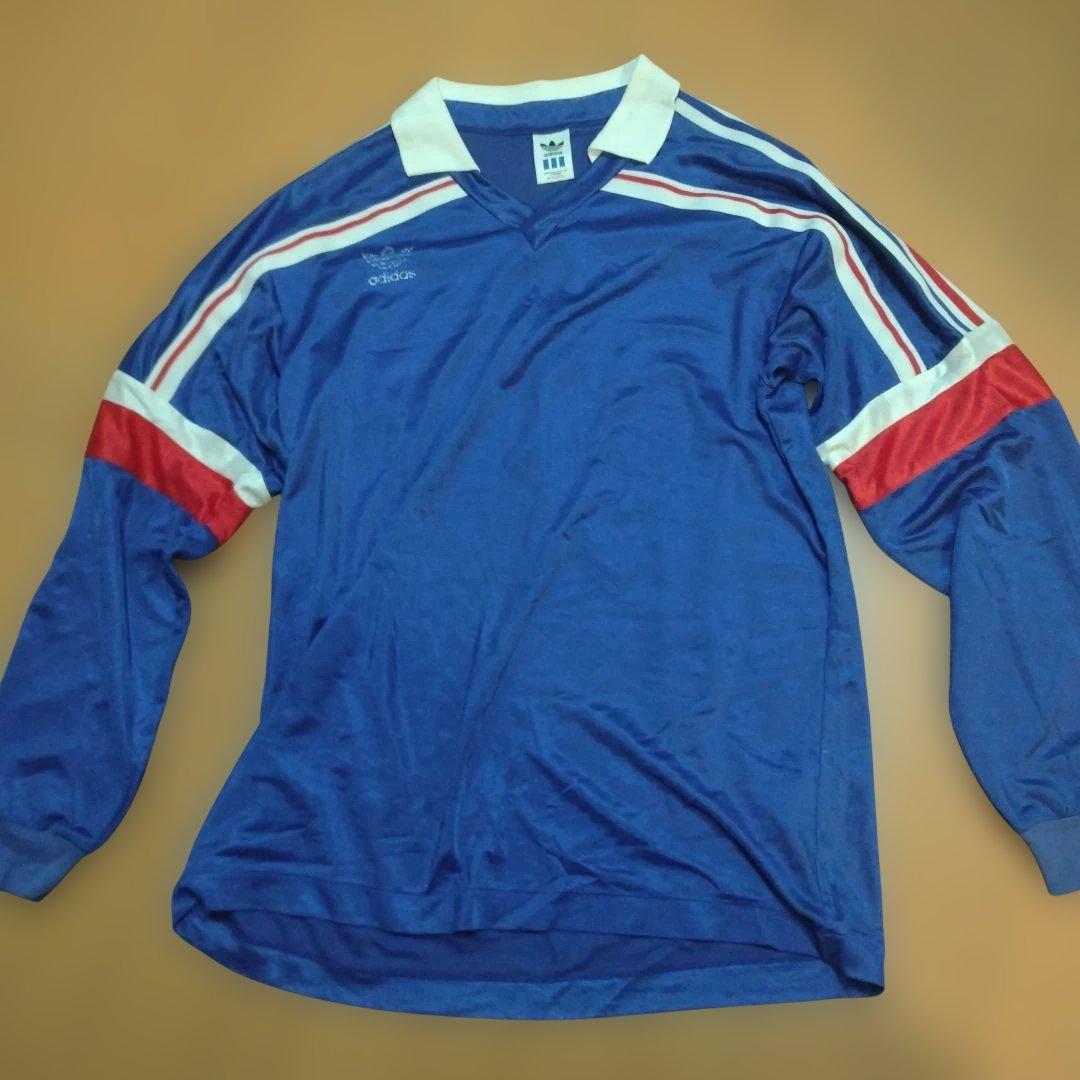 adidas トリコロール長袖シャツ 青