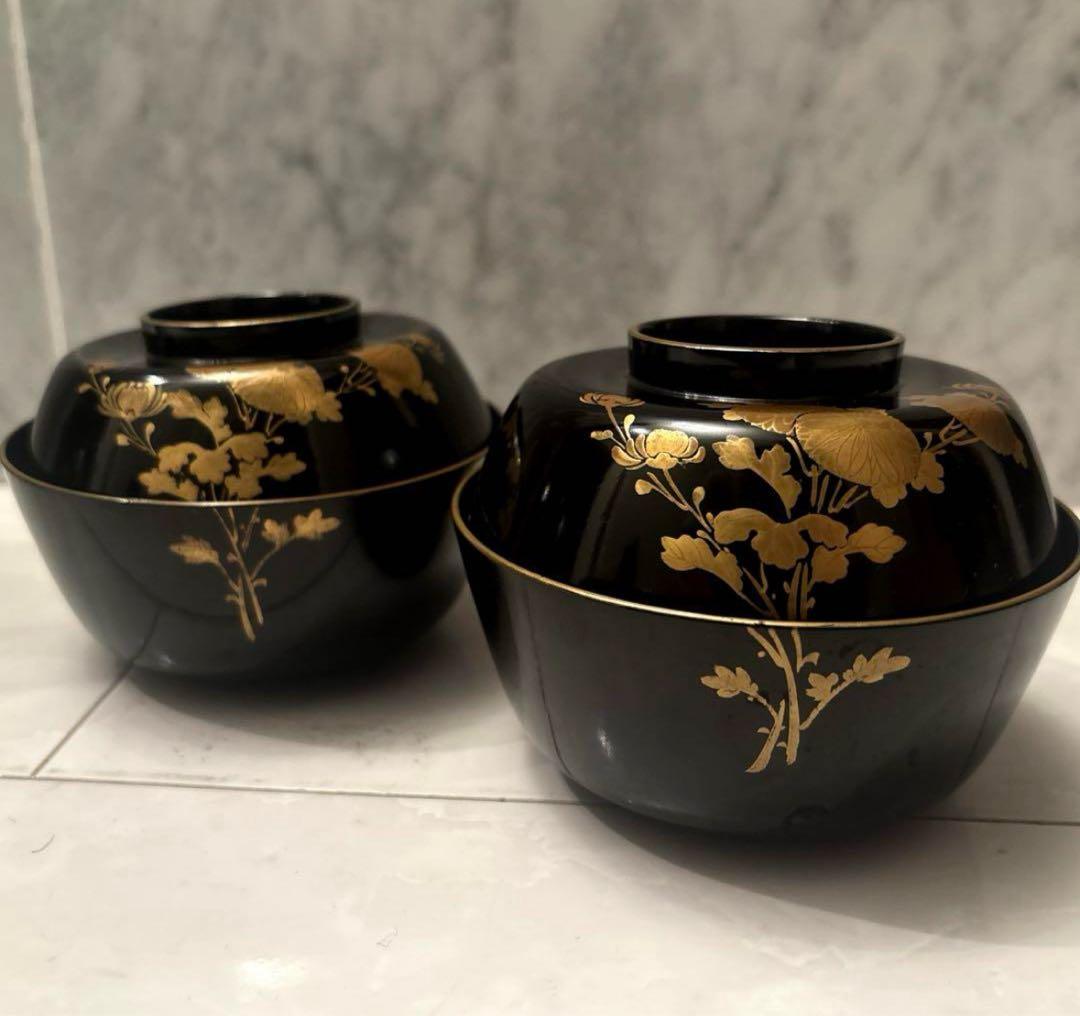 芸術的なお花、蝶々とふんだんに使われた金彩が美しい豪華絢爛な木製輪島漆塗お椀2客