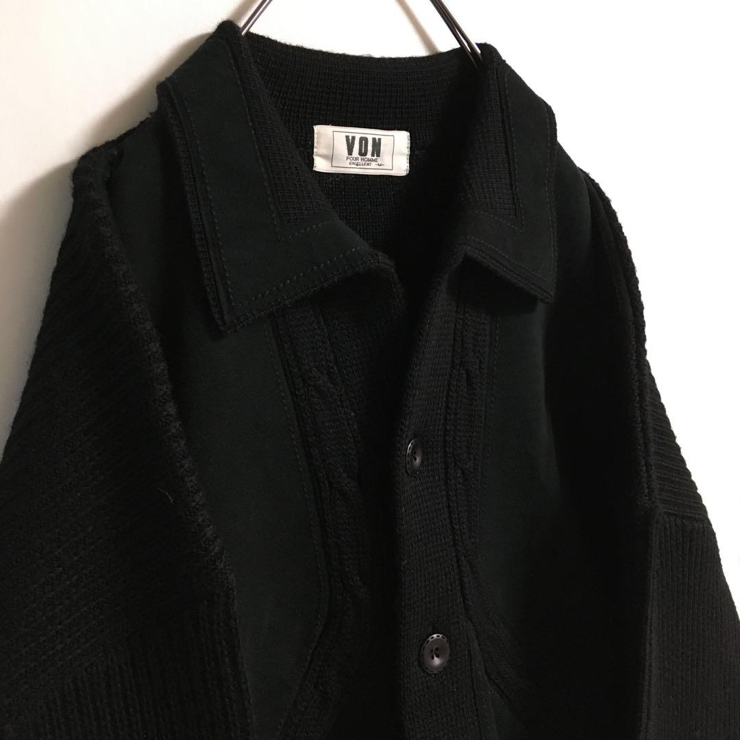 90s〜00s 古着 オープンカラー 襟付きウールカーディガン 異素材切替 黒