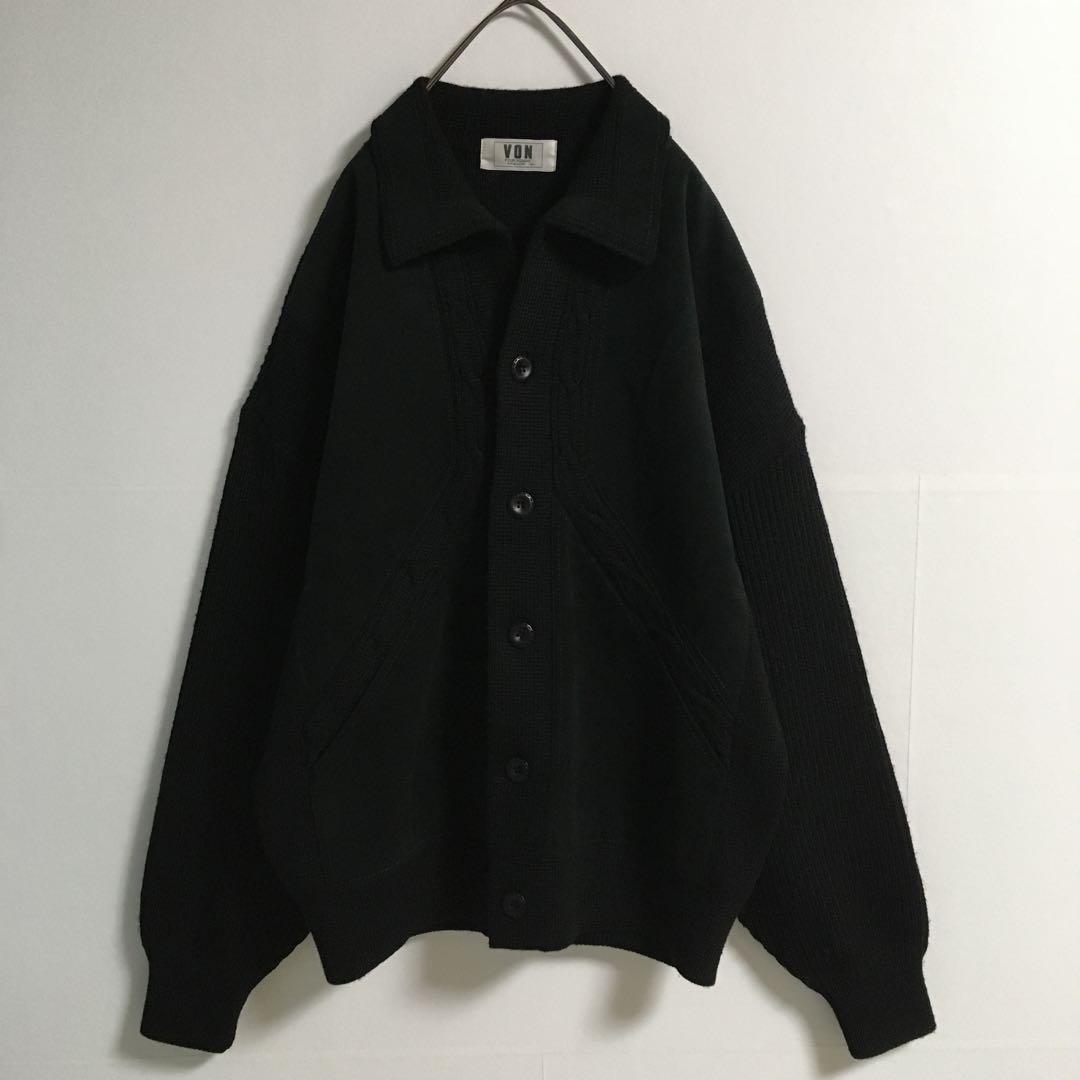 90s〜00s 古着 オープンカラー 襟付きウールカーディガン 異素材切替 黒