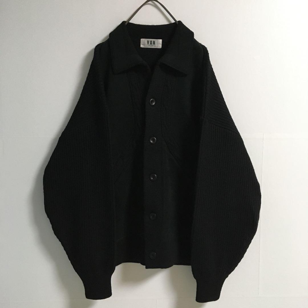 90s〜00s 古着 オープンカラー 襟付きウールカーディガン 異素材切替 黒