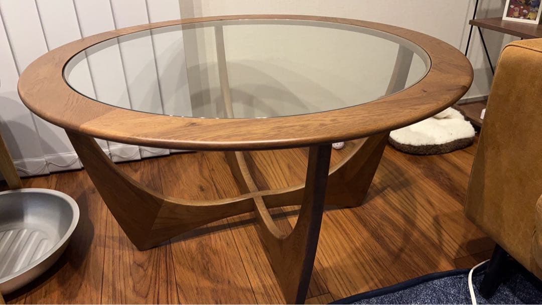 【美品】クラッシュゲート ノル ジース 無垢材×ガラスコーヒーテーブル ガラス丸