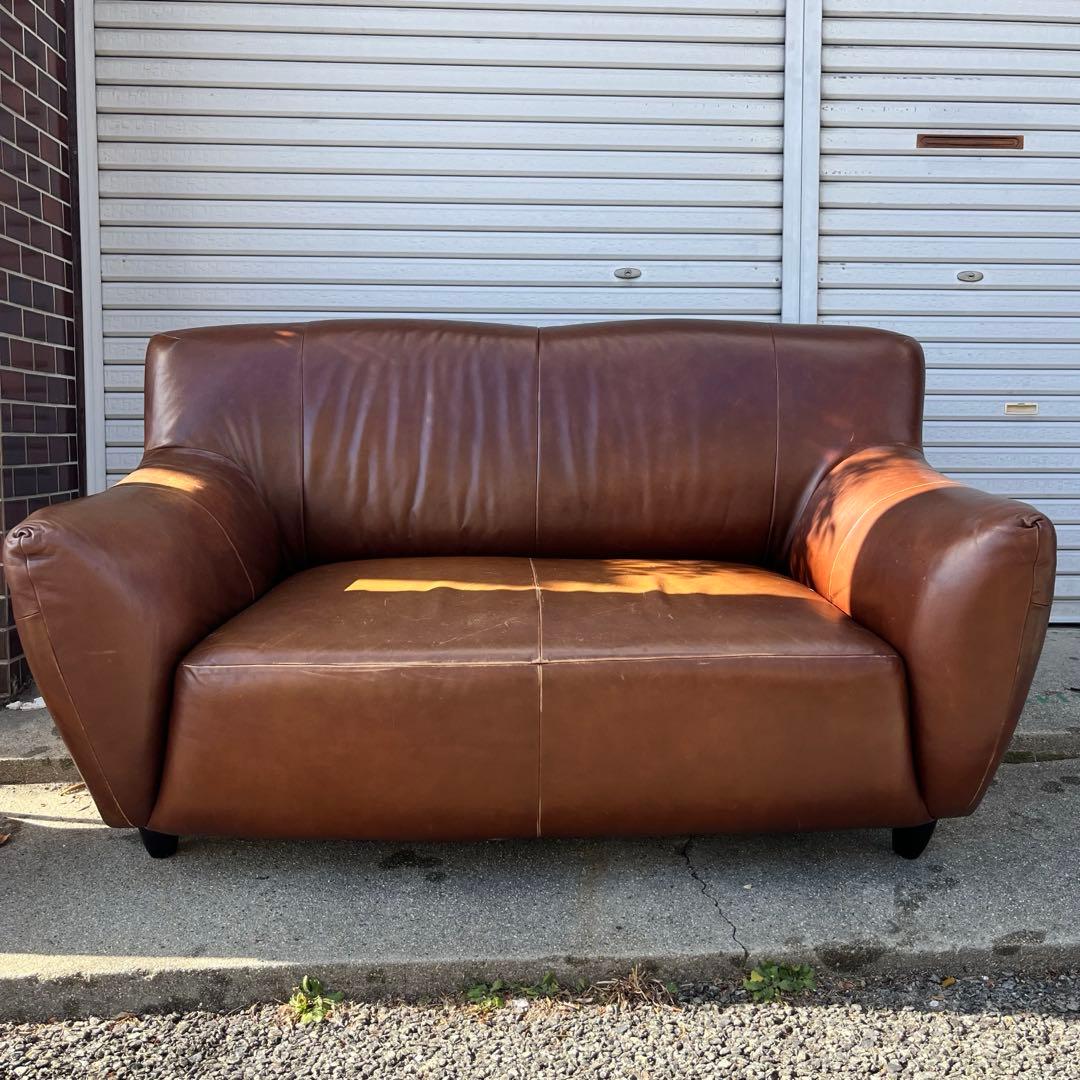 [USED/交渉可] ブラウン本革レザー 2人掛けソファ