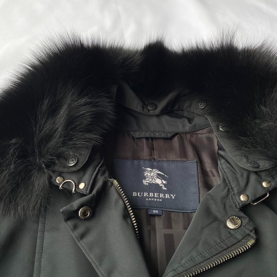 バーバリーロンドン フォックスファー シャドーチェック 中綿コート 黒