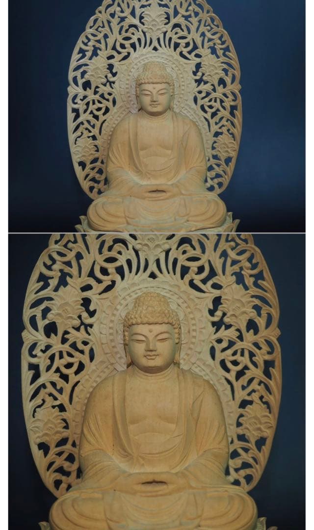 送料無料　作家物『翠』在銘手彫り黄楊拓殖材細密彫刻大日如来座像高さ25.5ｃｍ