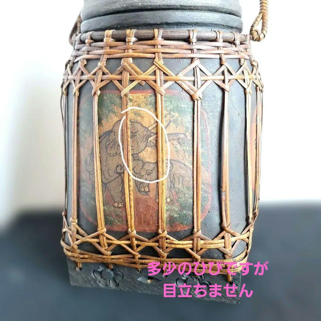 希少 タイ ラオス 伝統工芸品 もち米入れ 手描き 象 親子 ラタン編み 骨董