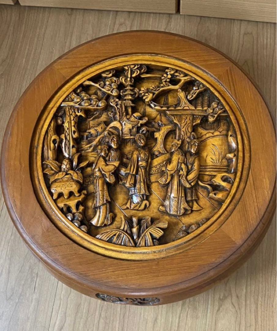 中国古美術 人物彫丸形円卓プレート唐木四脚52cm X52cm X高20.5cm