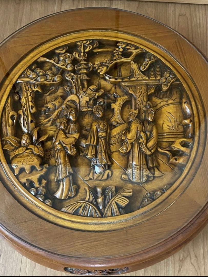 中国古美術 人物彫丸形円卓プレート唐木四脚52cm X52cm X高20.5cm