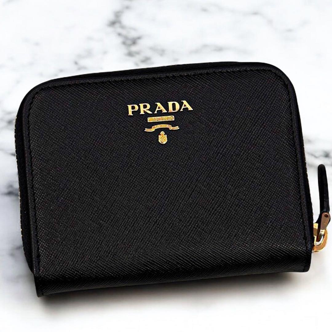極美品 箱付 プラダ サフィアーノ 二つ折り財布 ロゴ 小銭入れ  カード