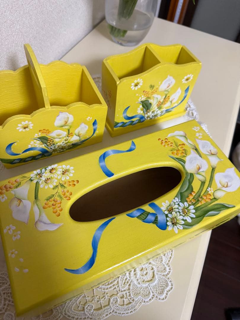 トールペイント作品　カラー柄　ティッシュボックス他　4点セット