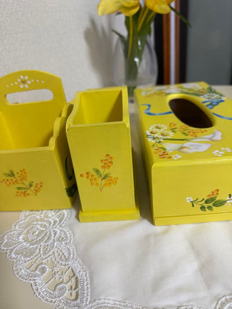 トールペイント作品　カラー柄　ティッシュボックス他　4点セット