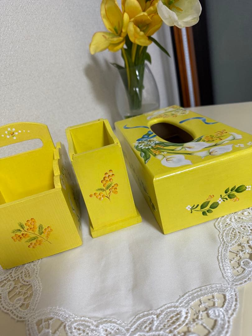 トールペイント作品　カラー柄　ティッシュボックス他　4点セット