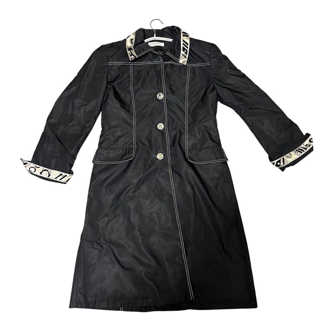 【美品】LEONARD シルクロングコートブラック L花柄トリムデザイン