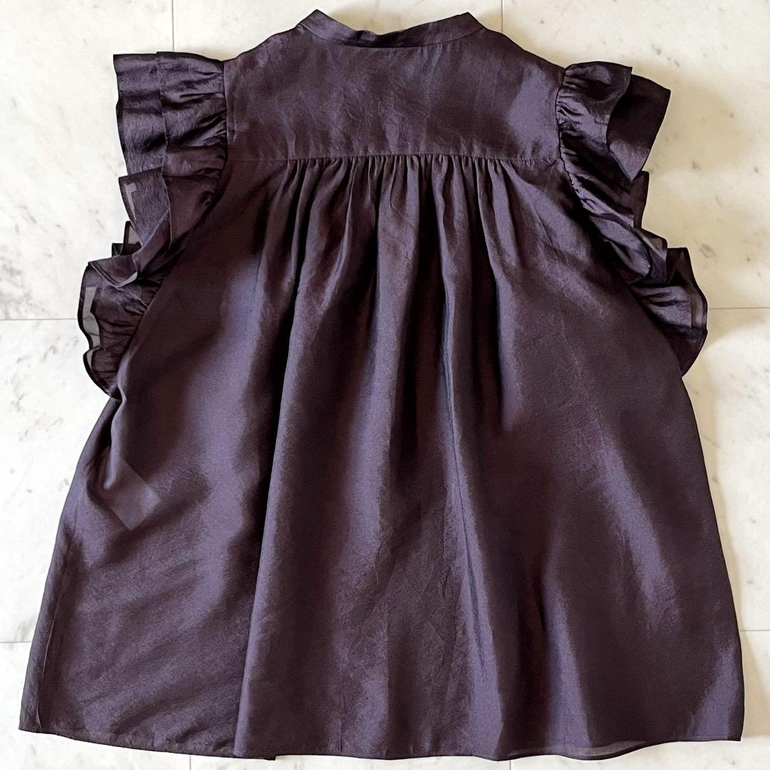 極美品＊プルミエアロンディスモン シアーフリルブラウス 36 ブラウン 洗える